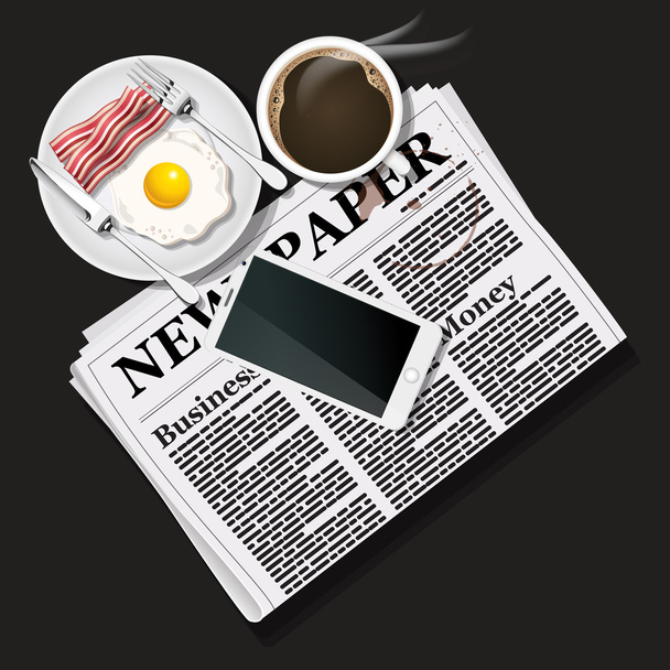 新聞とブラック コーヒーと携帯電話のイラストと - ベクター画像