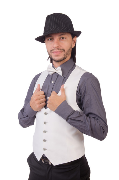 Genç adam gri gömlek ve siyah şapka üzerinde beyaz izole - Fotoğraf, Görsel