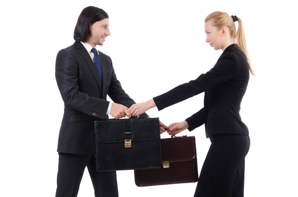 Uomo d'affari e donna d'affari con valigette isolate su bianco
 - Foto, immagini