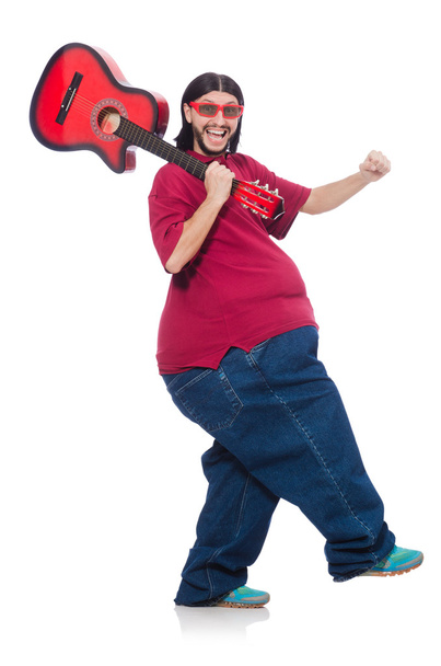 Kövér ember gitár elszigetelt fehér - Fotó, kép