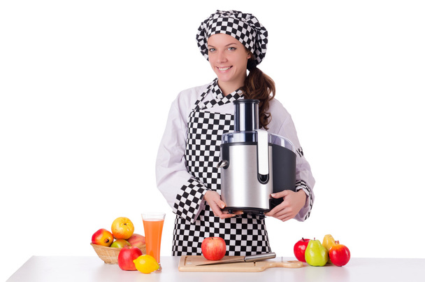 Жіночий шеф-кухар з фруктами ізольовано на білому
 - Фото, зображення