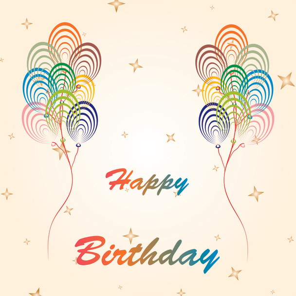 Birthday gold greeting with gold stars and by flying balloons - Vecteur, image