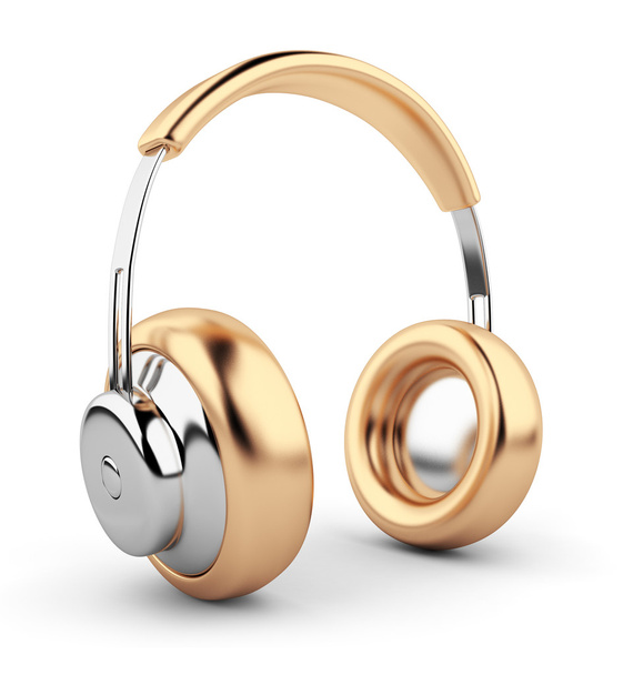 Golden headphones 3D. Icon. Isolated on white background - Foto, afbeelding