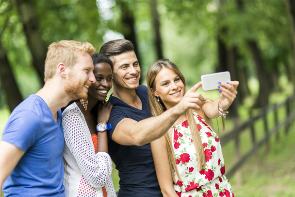 Group of couples taking selfies in nature - Zdjęcie, obraz