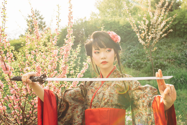 samuray kılıcı ile kimono içinde güzel geyşa - Fotoğraf, Görsel