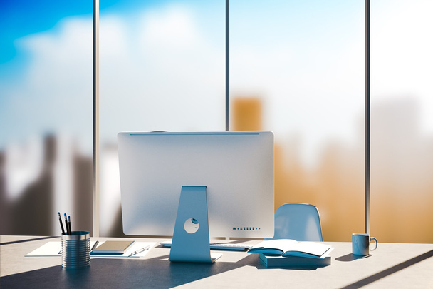 3d office workplace with skyline in the background - Photo, image