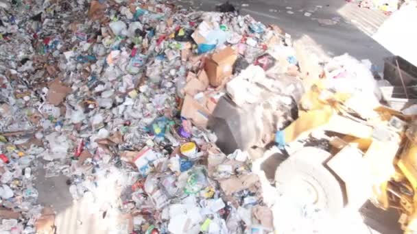 Un cargador frontal mueve la basura en un centro de reciclaje (4 de 9
) - Metraje, vídeo