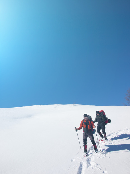 Muži jdou na sněžnicích v horách ve sněhu. - Fotografie, Obrázek