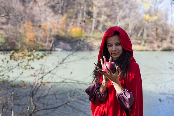 Girl in a red cloak in the lap of nature - Fotó, kép