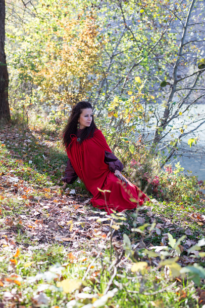 Girl in a red cloak in the lap of nature - Foto, Imagen