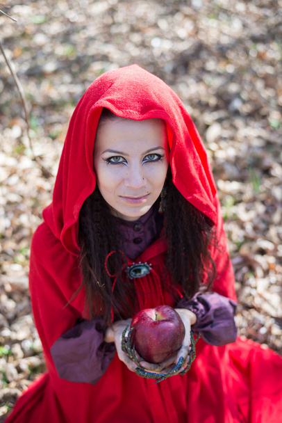 Girl in a red cloak in the lap of nature - Fotoğraf, Görsel