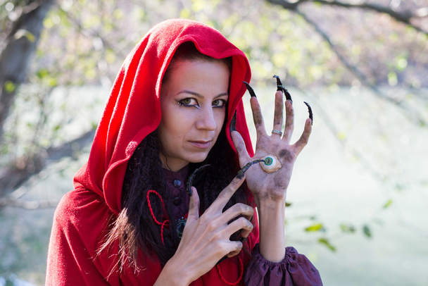 Girl in a red cloak in the lap of nature - Фото, изображение