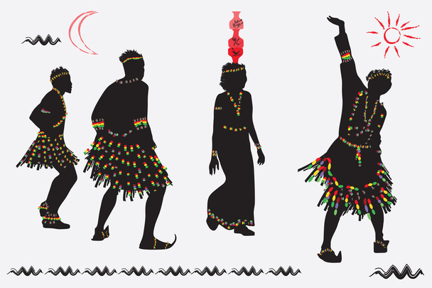 Afrikai népi tánc. Fiatal férfiak és nők ellen a hátsó tánc - Vektor, kép
