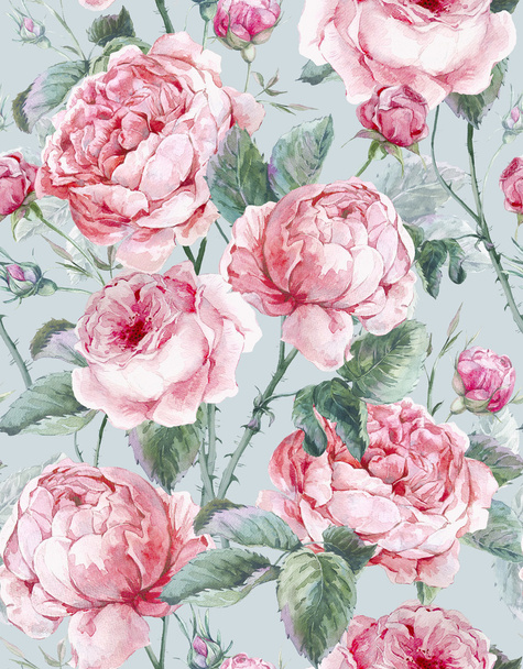 Classical vintage floral seamless pattern, watercolor bouquet of English roses - Photo, Image