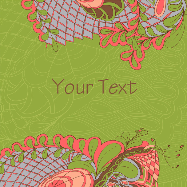 Background pattern with zentangle floral border elements on gree - Vector, Image