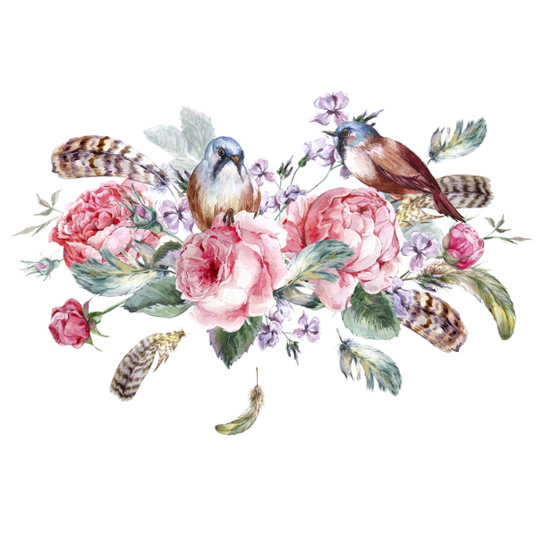 Классическая акварельная цветочная винтажная открытка с розовыми птицами и перьями
 - Фото, изображение