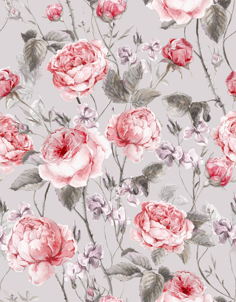 Classical vintage floral seamless pattern, watercolor bouquet of English roses and wildflowers - Fotoğraf, Görsel