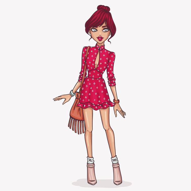 Gyönyörű piros ruhás lány - Vektor, kép