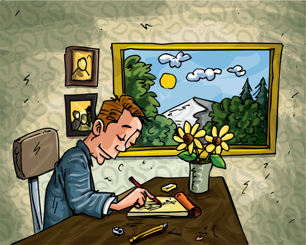 Cartoon man doodling at his desk - Vector, Image