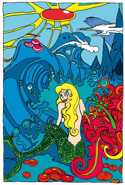 Cartoon mermaid in magical scene - Vector, Image