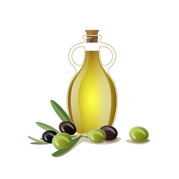 Bottle of oil with green and black olives - Vetor, Imagem