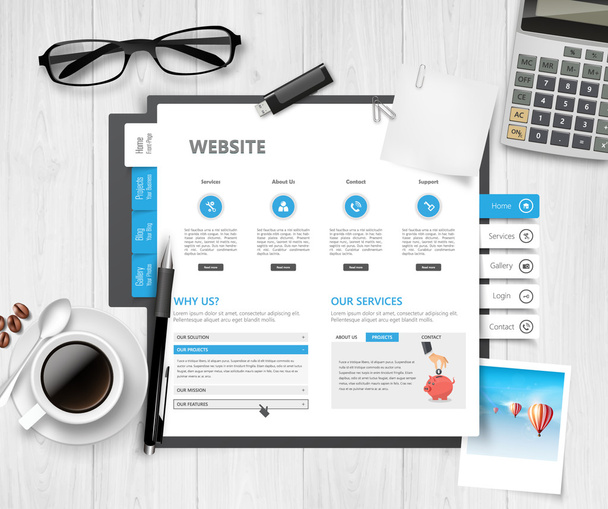 kreative professionelle website template design, office desk theme. - Vektor, Bild