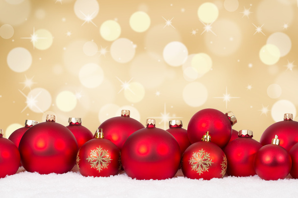 Christmas card red balls decoration with golden background - Photo, Image