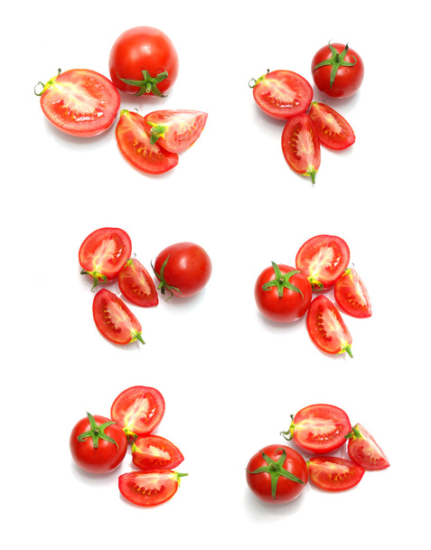 Tomato and slices of tomato on white background - Fotoğraf, Görsel