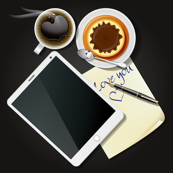 tablette et papier à lettres avec café noir et pudding
 - Vecteur, image
