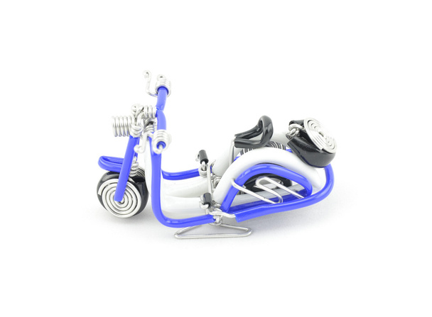 Retro look old scooter made from blue wire isolated white background - Photo, Image