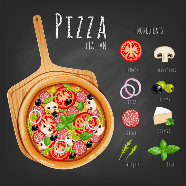 Pizza auf dem Brett und Zutaten - Vektor, Bild