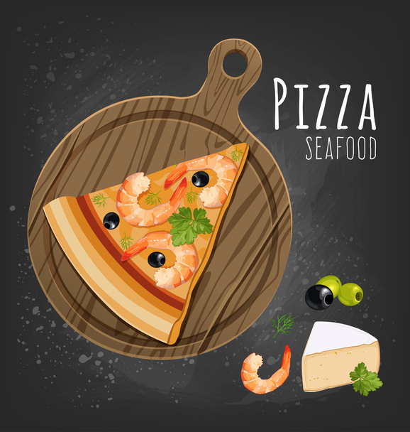 Rebanada de pizza a bordo e ingredientes
 - Vector, Imagen