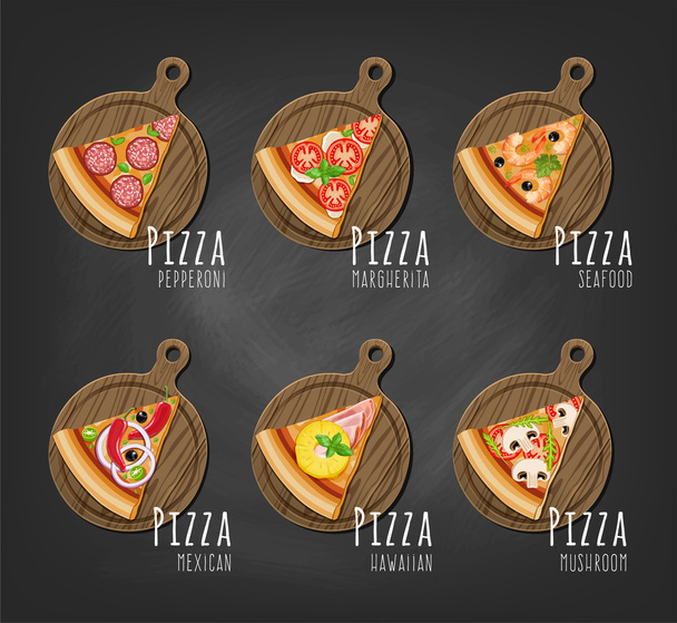 Pizzascheiben auf dem Brett und Zutaten - Vektor, Bild