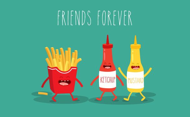 French fries, mustard and ketchup. - Vector, Image