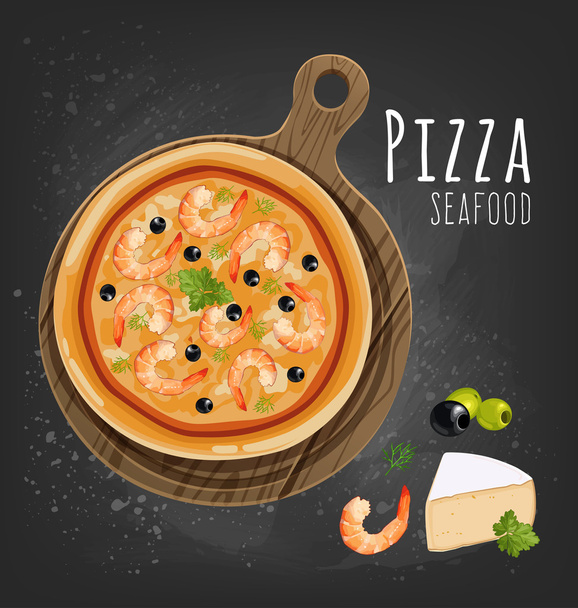 Pizza en el tablero e ingredientes
 - Vector, Imagen