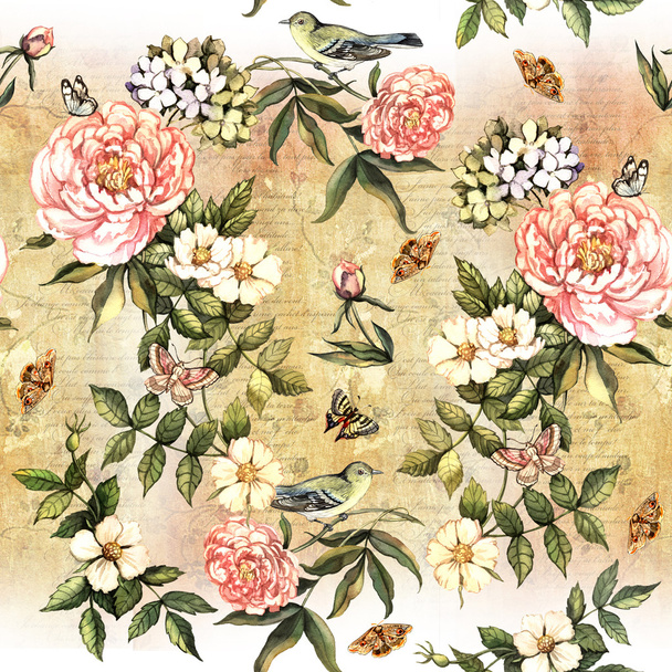 Pattern with flowers, lace and birds - Fotoğraf, Görsel