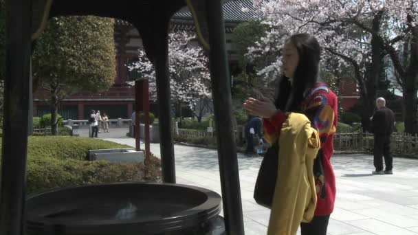 A woman prays at a temple in the Senso-ji complex - Materiał filmowy, wideo