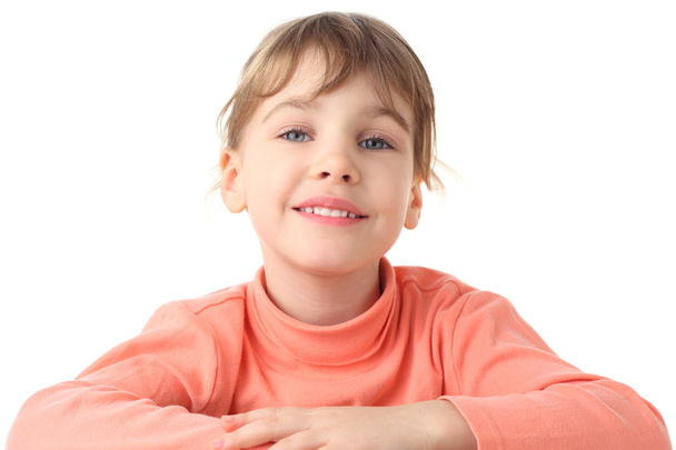 Portrait of cute smiling little girl in thin sweater, half body, - Foto, immagini
