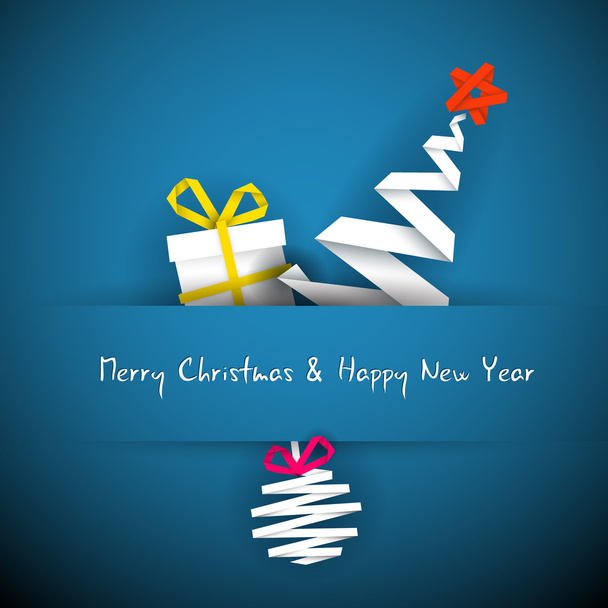 Простая векторная голубая рождественская открытка с подарком, елкой и безделушкой
 - Вектор,изображение