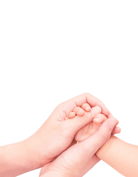 baby hand in mother hand softly and isolated on white background - Photo, Image