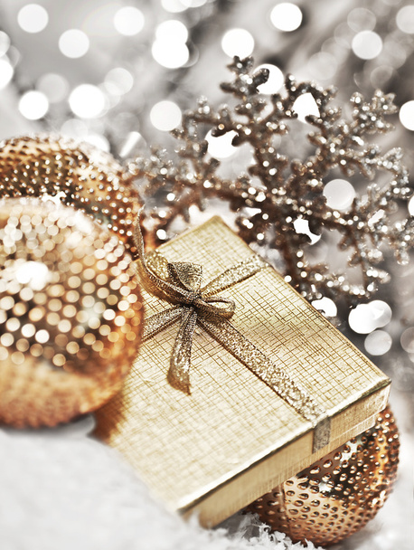 Silver Christmas gift with baubles decorations - Φωτογραφία, εικόνα