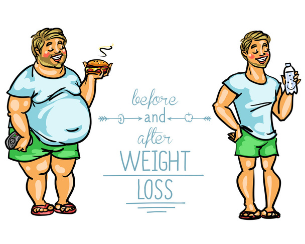 Άνθρωπος, πριν και μετά την απώλεια βάρους.  - Διάνυσμα, εικόνα