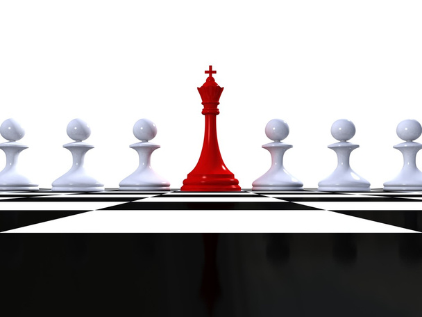 rode koning en rijen van witte pionnen op een schaakbord. leider en team - Foto, afbeelding