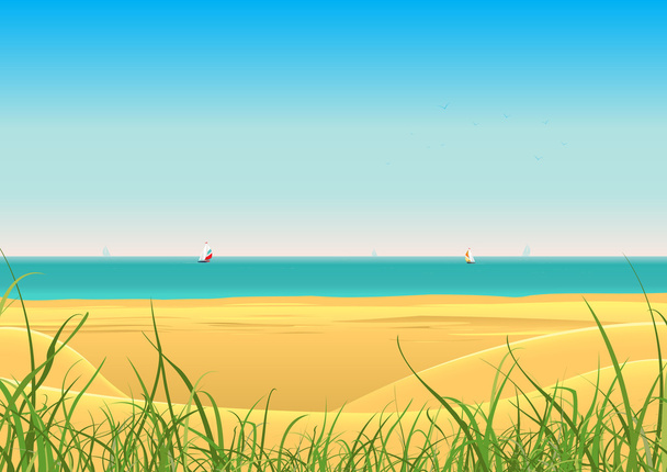 Spiaggia estiva con barca a vela sfondo cartolina
 - Vettoriali, immagini