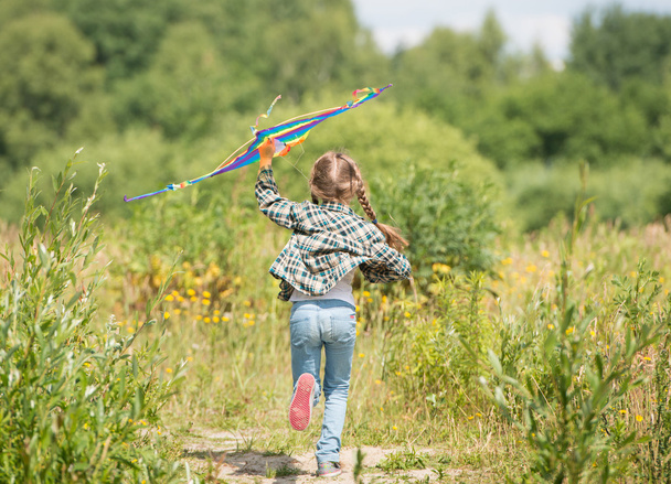 Little cute girl flying  kite - Foto, imagen
