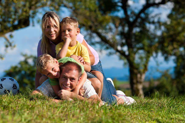 Familia con niños y fútbol en un prado
 - Foto, imagen