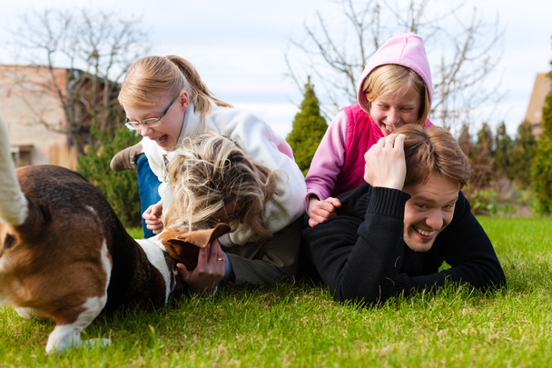 Família sentada com cães juntos em um prado
 - Foto, Imagem