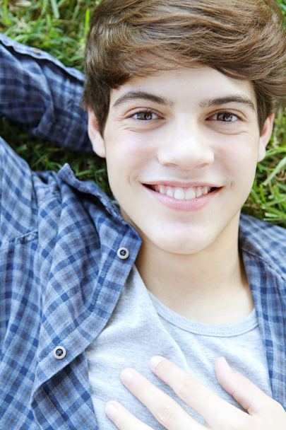 sonriente chico recostado en verde hierba en un parque
 - Foto, Imagen