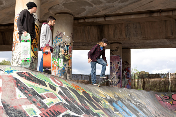 amis adolescents faisant du sport dans un parc de skateboard
 - Photo, image