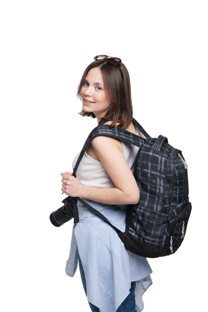 Young woman tourist with camera and backpack - Foto, Imagem